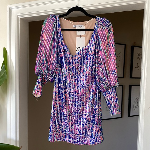 Zara Limited Edition Blue Pink Purple Long Sleeve Sequin Mini Dress sz S - Picture 4 of 12